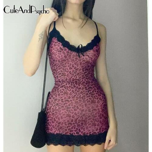 Sexy Skinny Lace Mini Y2K Dress Women Summer Fashion Leopard V-neck 90s Dress V-neck Club party wear Bandage Dress Cuteandpsycho
