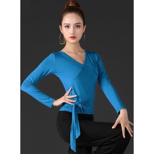 2020 Adult Women Latin Dance Tops Long Sleeve Blue V-neck Latin Practice Wear Standard Ballroom Dance Clothes Women Latin Tops