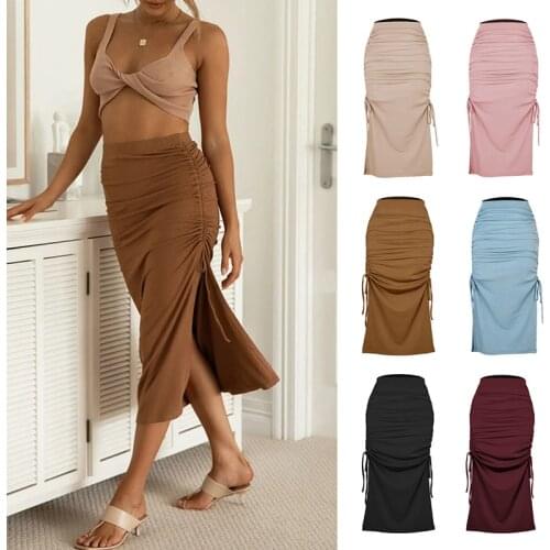 Woman Sexy Long Skirt Elastic High Waist Drawstring Tie Up Solid Color Ruched Slim Summer Skirts Elegant Lady Casual Street Wear