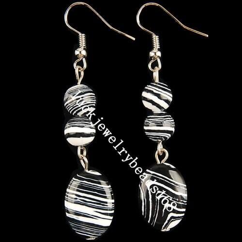 Free Shipping Women Fashion Jewelry 6~13x18mm White Black Howlite Beads Earrings Pair C1895