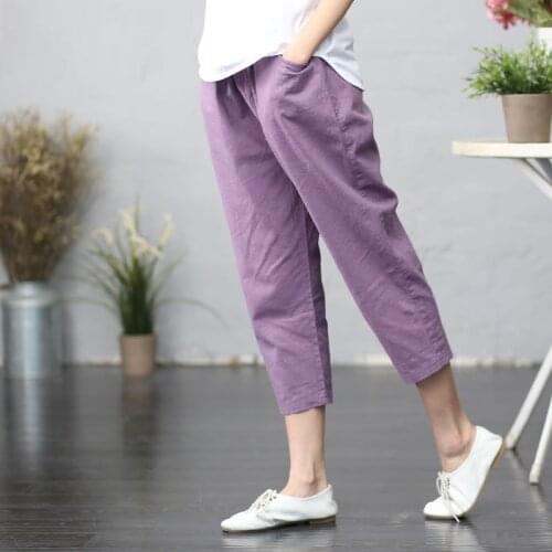 New Arrival 2020 Summer Arts Style Women Elastic Waist Loose Calf-length Pants Femme Casual Purple Harem Pants Plus Size M65