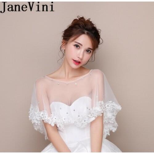 JaneVini Bolero Vintage Lace Flowers Bride Capes Wedding Shawl Wrap Beaded Appliques Women Short Top Shrug Crystal Stoles 2019