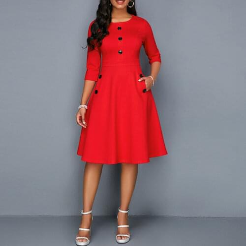 OTEN Women Autumn Dress Elegant Vintage 50s 60s Robe with Button A Line Flare Rockabilly Pinup Party Dress with Pocket Vestidos
