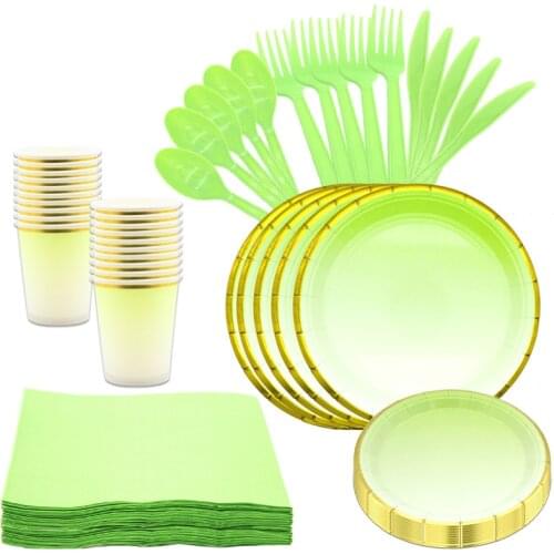 Gold Foil Disposable Tableware Green Gradient Party Paper Plates Cups Birthday Party Wedding Valentines Day Decor Supplies