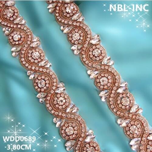 10 yards) Wholesale bridal beaded sewing rose gold crystal rhinestone applique trim iron on for wedding dress sash belt WDD0689