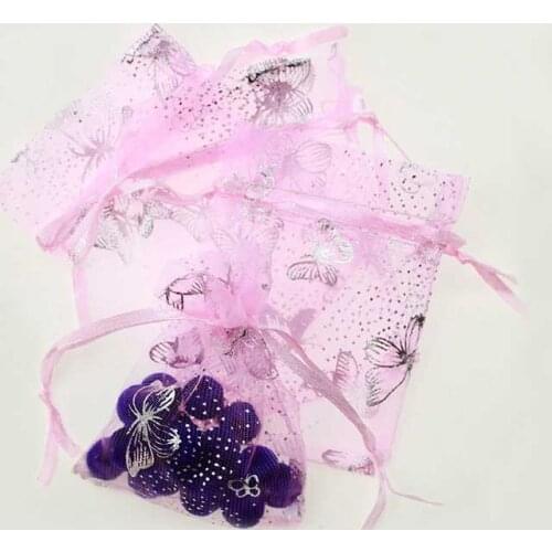 15*20cm 50pcs Pink Silver Butterfly Gift Bags For Jewelry/wedding/christmas Yarn Bag With Handles Packaging Organza Bags