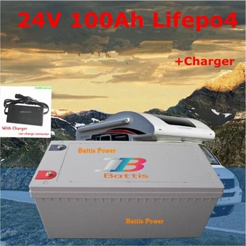 Rechargeable 24V 100Ah LiFePO4 Battery with BMS 8S 100A for electric scooter mobility caravan solar energy storage+10A Charger