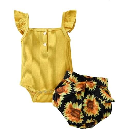 Two Piece Baby Girl’s Clothes Fresh Solid Color Fly Sleeve Romper and Sunflower Triangle Shorts