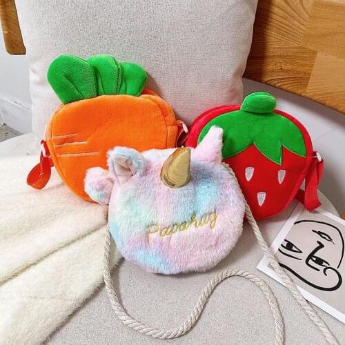 Cartoon Strawberry Children Crossbody Bags Fashion Soft Plush Baby Girls Coin Purse Handbags Winter Kids Small Shoulder Bag