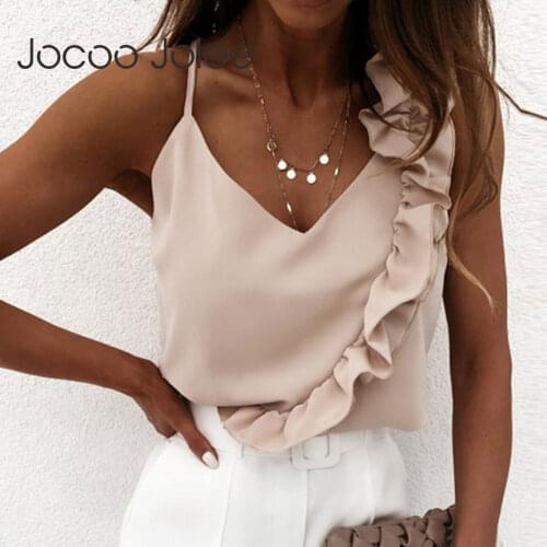 Jocoo Jolee Elegant Sleeveless Ruffles V Neck Chiffon Blouse Sexy Backless Vest Summer Camis Spaghetti Strap Tank Tops 2021