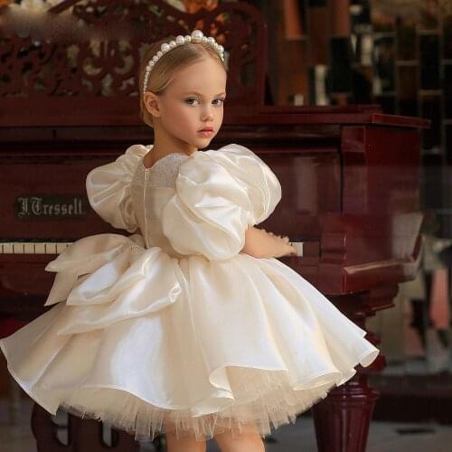 Beautiful Ivory Short Princess Big Bow Flower Girl Dress Pageant Girls Party Dresses Gowns First Communion Dresses