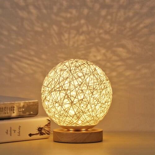 Creative USB Table Lamp Hand-Knit Lampshade Wood Moon Lamp Bedroom Home Wedding Decoration Moonlight Desk Light Warm White