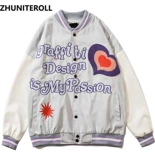 Harajuku Heart Patchwork Jacket Men Embroidery Letter Bomber Jackets Fashion Baseball Coats Streetwear High Street College Tops