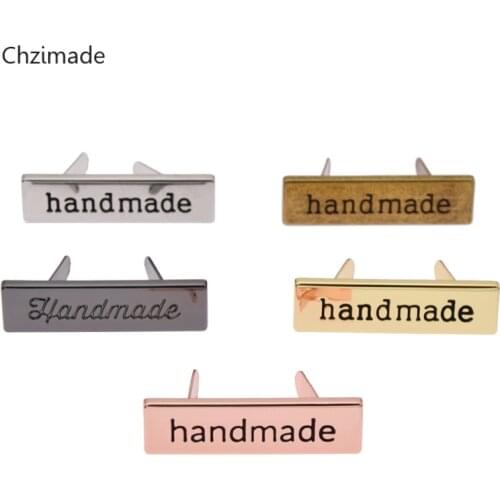 Lychee Life 10Pcs Handmade Metal Labels Tags For Clothes Jeans Shoes Bags Rectangle Hand Made Printed Labels Diy Sewing Crafts