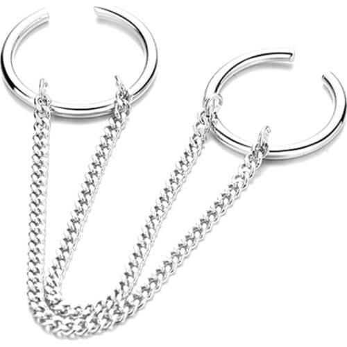 Fashion Punk Chain Double Ring Set Women Hip Hop Open Ring Metal Silver Color Chain Geometric Party Jewlery Gifts