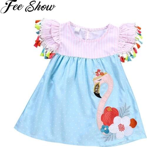 Toddler Baby Girls Cute Summer Dress Flamingo Print Striped A-line Dresses Casual Party Princess Dress For Girls Kids Clothes