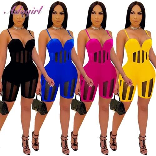 Sexy Spaghetti Strapless Sheer Mesh See Through Night Party Club Playsuit Women Solid V-Neck Sleeveless Outfit Jumpsuit Rompers