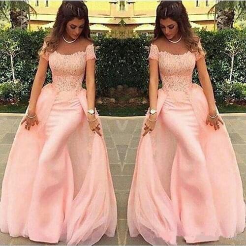 Short Sleeve Peach Vestidos New Design Modern Lace Sheath Evening Dress Long Formal Prom Gowns Tulle Custom Made Floor Length Ho