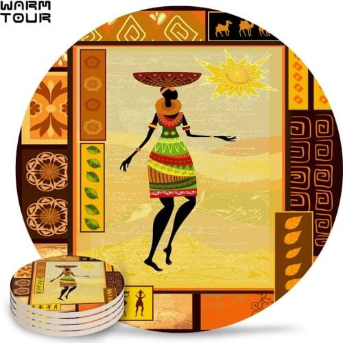 4/6/8 PCS African Girl Ethnic Placemat Ceramic Drink Coasters Table Decoration Kitchen Accessories Absorbent Moisture