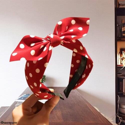 Rabbit Ears Wide Knotted Headband for Women Hairband Dots Print Bow Headband Retro Headwear Headband Girls Teen Hair Turban Red