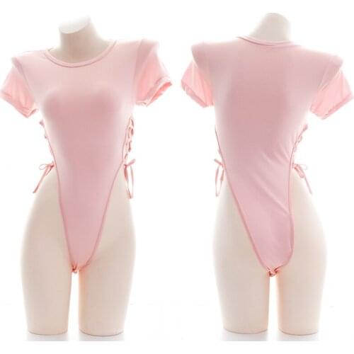 Pink Girl Sexy High split Side Bandge Short Sleeve Bodysuit Swimsuit Gymnastics suit Private Pajamas Lolita Student Sukumizu