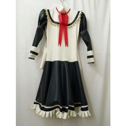 Sexy Womens Black Latex Dress Ruffles Rubber One-piece Long Dress School Student Girls Dress with Back Zip