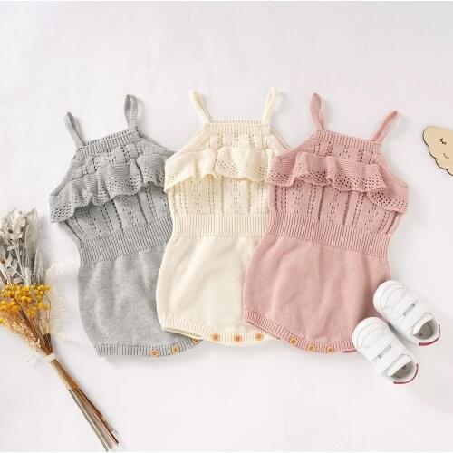 2021 Newborn Baby Girls Knitted Romper Summer Strap Ruffles Jumpsuits Hollow Out Short Jumpsuit Bodysuit Children Clothes Girl