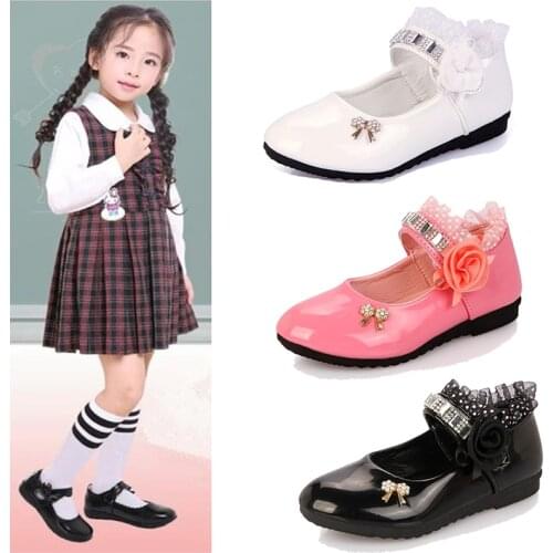 Flower Children Girls Patent Leather Wedding Party Shoes For Girls School Student White Black Lace Bowknot Dance Shoes New 2019