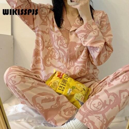WIKISSPJS Spring Autumn Korean Long Sleeved Trousers Cartoon Home Clothes Pajamas Womens Two Piece Suit Lounge Wear Pjs