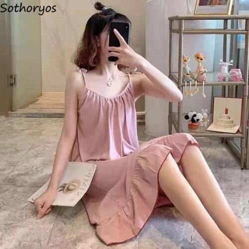Women Spaghetti Strap Nightgowns Solid Knee-length Candy Color Loose Cozy Sleepshirts High Quality Trendy Summer Females Lounge