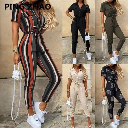 PING ZHAO Elegant Woman Jumpsuits Casual Button Down Cuffed Short Sleeve Playsuit Jumpsuit Womens 2021