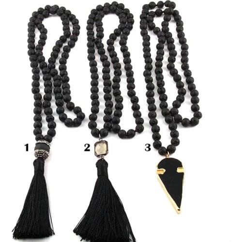 Free Shipping Bohemian Jewelry long knotted Black Lava Stones Tassel Necklace For Women Statement Necklaces