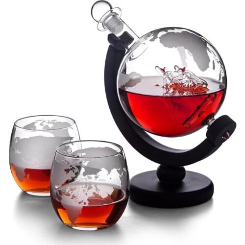 3Pcs Globe Whiskey Decanter Set with 2 Wine Glass& Wood Stand Map Earth Etched Wine Decanter Bar Party Wedding Drinkware Gifts