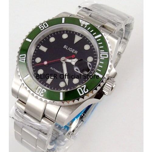 BLIGER 40mm Black Dial Green Ceramic Bezel Luminous Sapphire Glass Stainless Steel Band MIYOTA Automatic Movement Mens Watch