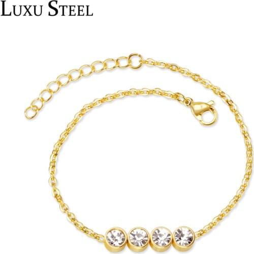 LUXUSTEEL pulseras 2020 New Round Cubic Zirconia Stainless Steel Link Chain Bracelets With Extender Gold Color Bracelets Women