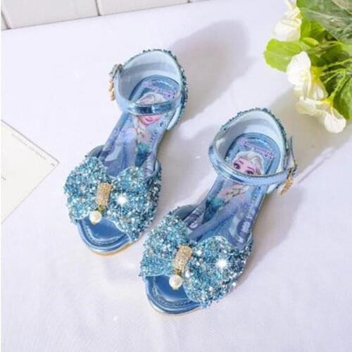 Disney Frozen Elsa Princess Girls Leather Crystal Shoes Glitter Casual High Heels Girls Sandals Pink Blue Silver Elsa Soft Shoes