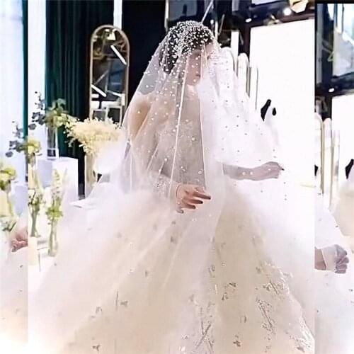 New Fashion Soft Bridal Wedding Veil Beaded Pearls Long Tulle Wedding Accessories Bride Wedding Head Veils 1.5M 3M 5M Spring