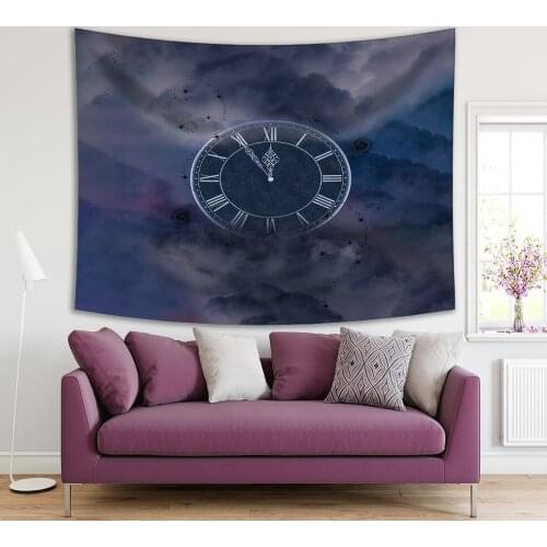 Tapestry Vintage Clock with Roman Numbers on Cloudy Sky Background Midnight New Year Celebration Art Blue Gray
