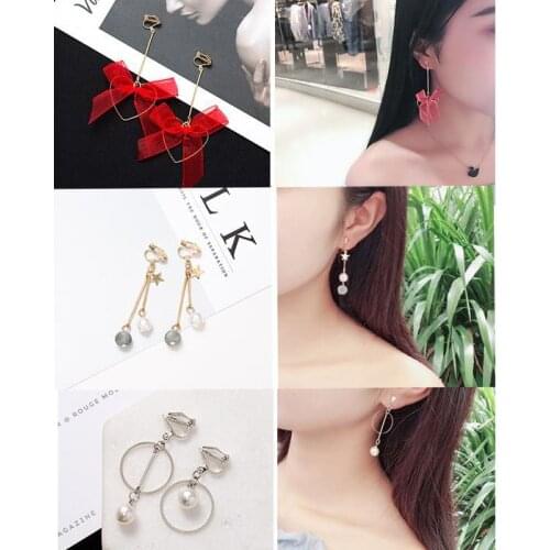 GRACE JUN New Arrival Pearl Crytal Geometric Clip on Earrings No Pierced for Women Luxury Fashion Heart Star Bowknot Ear Clip