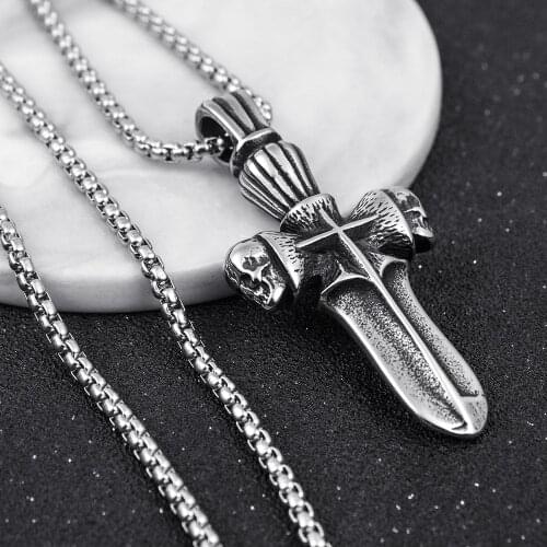 HNSP Punk Rock Skull Cross Sword Pendant Chain Necklace For Men Male Viking Style 2021 New