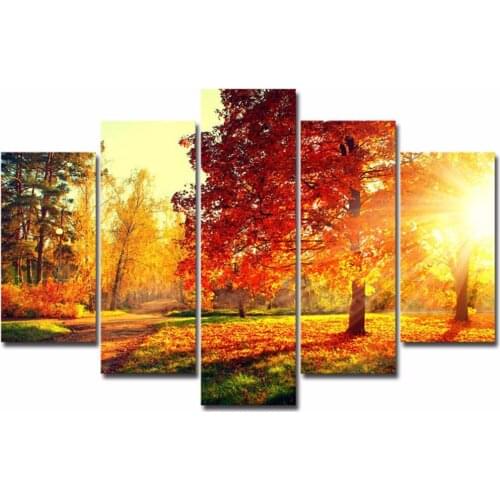 Canvas Painting Modern 5 Pieces/Pcs Sunset Landscape Art Autumn Scenery Live Wall HD Decoration Modular Forest Picture Poster