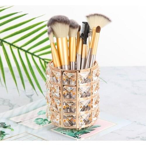 Crystal Metal Makeup Brush Holder Bucket Cosmetic Brush Storage Box Pencil Case Comb Container For Women Table Decoration ZH282
