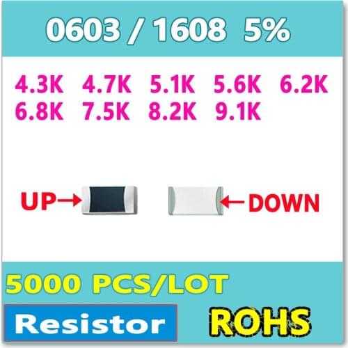 JASNPROSMA 0603 J 5% 5000pcs 4.3K 4.7K 5.1K 5.6K 6.2K 6.8K 7.5K 8.2K 9.1Ksmd 1608 OHM Resistor