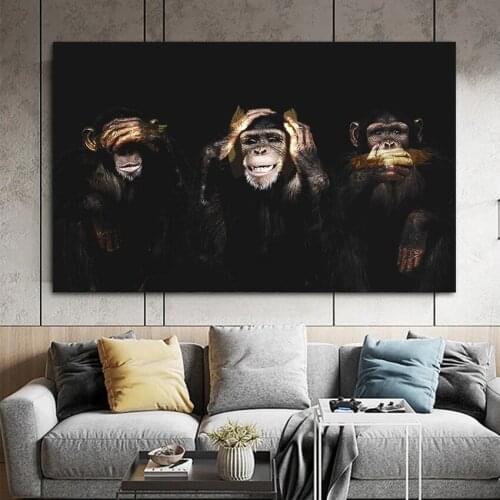 Dark Wise 3 Monkey Gorilla Pictures Animal Posters and Prints Canvas Painting Wall Art for Living Kids Room Decor Mural