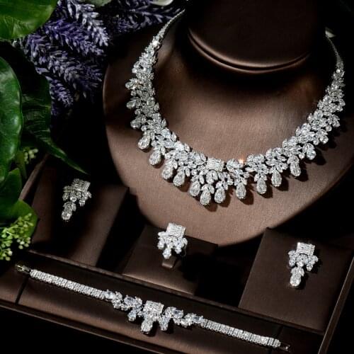 HIBRIDE Geometric Luxury Cubic Zirconia Bracelet Ring Necklace Earring Set Women Wedding Party African Nigerian Jewelry N-1521