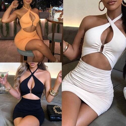 Summer Women Dress 2021 Orange Black White Dress Halter Ruched Bodycon Cut Out Backless Chic Strap Sexy Beach Mini Party Dresses