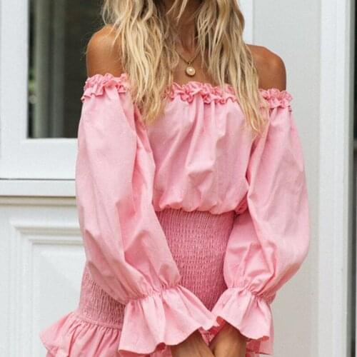 Summer Ladies Girl Pink Dress Long Sleeve One-neck Elastic Pack Hip Tight Dress Sexy Nightclub Dress