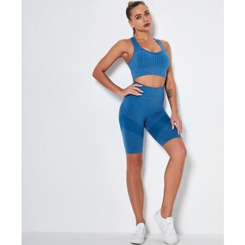 Hot 2 Pcs/Set Women Seamless Gym Sets Fitness Sports Suits Gym Clothes Breathable Bra Running Leggings Workout Set Shorts Top