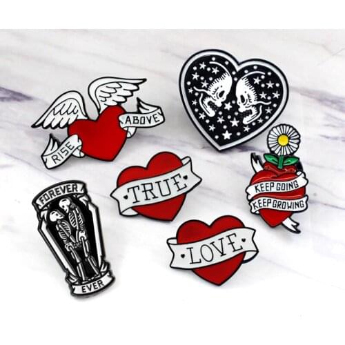 MINGQI Gothic Red Heart-shaped Black Skeleton Brooch "LOVE,TRUE,RICE,ABOVE,KEEP GOING,FOREVER "Cartoon Badge Pins Jewelry