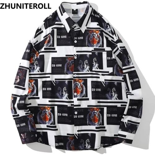 2021 Tiger Wolf Print Harajuku Men Hawaiian Shirt Hip Hop Beach Shirt Summer Long Sleeve Aloha Shirt Fashion Streetwear Clothing